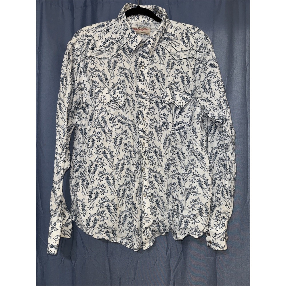 Vintage Wrangler Western Floral Paisley Pearl Snap Shirt Blue White XL